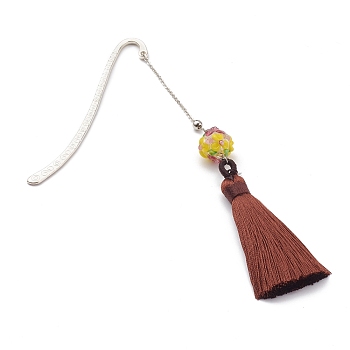 Metal Bookmark Gift with Polyester Tassel Big Pendant Decorations, Handmade Bumpy Lampwork & Brass Beads, for Book Lovers, Writers, Readers, Brown, 137mm