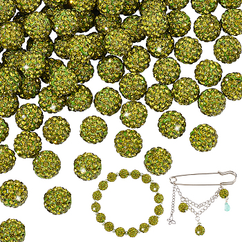 Elite 100Pcs Pave Disco Ball Beads, Polymer Clay Rhinestone Beads, Round, Olivine, PP13(1.9~2mm), 6 Rows Rhinestone, 10mm, Hole: 1.5mm