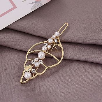 Plastic Imitation Pearl & Alloy Rhinestone Hair Barrettes, Frog Buckle Hairpin for Women Girls, Conch Shape, Golden, 61.5mm