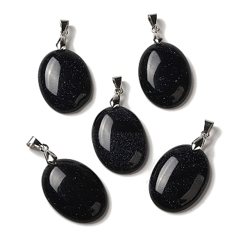 Synthetic Blue Goldstone Pendants, Oval Charms with Rack Plating Platinum Plated Brass Snap on Bails, 30x21.5~22x6~6.5mm, Hole: 6x4mm