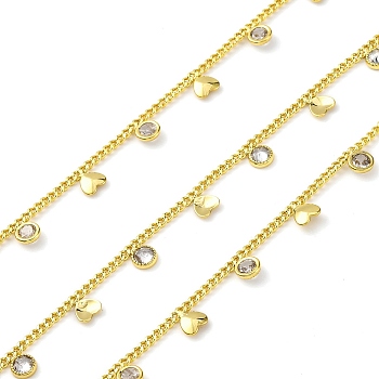 Handmade Brass Curb Chains, with Clear Cubic Zirconia, Spool, Long-Lasting Plated, Soldered, Lead Free & Cadmium Free, Heart, Real 18K Gold Plated, Links: 2x2x1mm, Charm: 6.5x5x1mm and 6.5x4.5x2mm