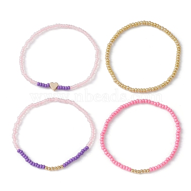 4Pcs 4 Style Brass Heart & Glass Seed Beaded Stretch Bracelets Set(BJEW-JB09537)-3