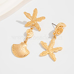 Starfish with Shell Shape Alloy Dangle Stud Earrings, Golden, 55x20mm & 45x23mm(FS-WGBA216-01)