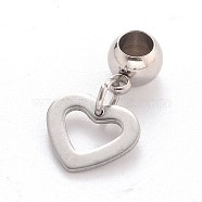 Heart 304 Stainless Steel European Large Hole Dangle Charms, Stainless Steel Color, 21mm, Hole: 4mm(PALLOY-JF00100-05)