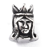 304 Stainless Steel European Beads, Large Hole Beads, Tibetan Style, Queen Portait, Antique Silver, 12x9x8.5mm, Hole: 4.5x5mm(STAS-I190-14AS)