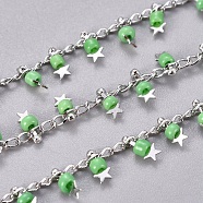 Handmade Glass Beaded Chains, with Brass Side Twisted Chains Curb Chains, with Spool, Long-Lasting Plated, Soldered, Star, Real Platinum Plated, Light Green, 3x1.5x0.7mm, about 32.8 Feet(10m)/roll(CHC-E019-09I-P)