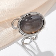 Oval Natural Grey Agate Finger Rings, 304 Stainless Steel Open Cuff Rings for Women, Oval: 21.5x16.5mm, Inner Diameter: Adjustable(RJEW-M062-02P-12)