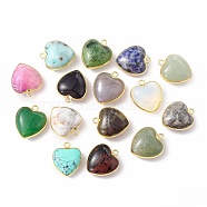 Natural & Synthetic Mixed Gemstone Pendants, with Golden Plated Brass Findings, Heart Charms, Mixed Dyed and Undyed, 18~19x15~17x7~10mm, Hole: 2mm(G-C005-01G)