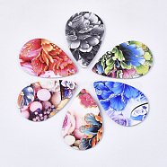 PU Leather Big Pendants, Double-Sided Flower Pattern, Teardrop, Mixed Color, 58x37.5x1.5mm, Hole: 2mm(FIND-T059-003)