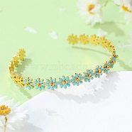 304 Stainless Steel Enamel Flower Open Cuff Bangles for Women, Turquoise, Inner Diameter: 2~2-1/2 inch(5.05~6.3cm)(BJEW-S152-01G-01)