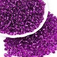 6/0 Baking Paint Transparent Glass Seed Beads, Silver Lined, Teardrop, Purple, 4~5x4~4.5x3~4mm, Hole: 1~1.2mm, about 4500pcs/pound(SEED-N006-06H)