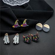 Halloween Whitch Hat Ghost Cat Wood Stud Earring Sets, Resin & Wood Flat Round Ear Studs for Women, Mixed Color, 15~20x13~18mm, 4pairs/set(EJEW-OY002-03)