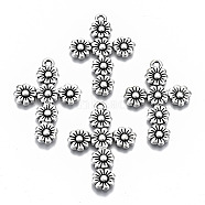 Tibetan Style Alloy Pendants, Cross with Flower, Cadmium Free & Lead Free, Antique Silver, 37x26x2mm, Hole: 1.8mm(X-TIBEP-N009-015AS-RS)