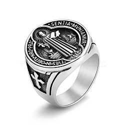 Stainless Steel Finger Rings, Flat Round with Cross & Benedictine Exorcism Jewelry for Men, Antique Silver, US Size 8(18.1mm)(PW-WG29B81-02)