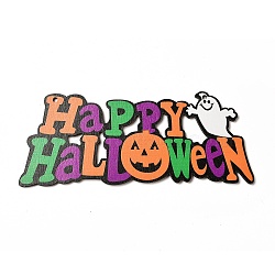 Single Face Printed Wood Big Pendants, Halloween Charms, Happy Halloween, Word, 80x98x3.5mm, Hole: 4mm(WOOD-I010-12F)