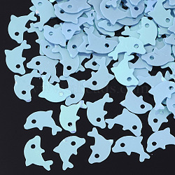 Ornament Accessories, PVC Plastic Paillette/Sequins Charms, Dolphin, Sky Blue, 7.5~8x5x0.3mm, Hole: 0.9mm, about 20000pcs/500g(PVC-T003-02C)