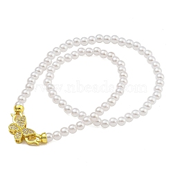 Rack Plating Brass Micro Pave Clear Cubic Zirconia Butterfly Pendant Necklaces, ABS Plastic Pearl Round Beaded Necklaces for Women, Cadmium Free & Lead Free, Long-Lasting Plated, Real 18K Gold Plated, 17.91 inch(45.5cm)(NJEW-C059-17G)