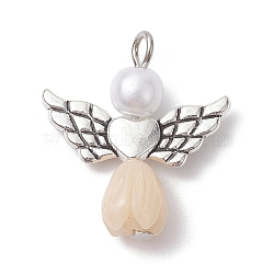 Resin Imitation Pearl Pendants, Rose Angel Charms with Antique Silver Plated Alloy Heart Wings, Beige, 23.5~24x21.5x7mm, Hole: 1.8~2.2mm(PALLOY-JF02566-10)