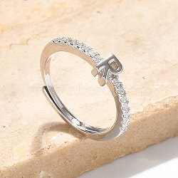 S925 Sterling Silver Adjustable Letter Rings for Women, with Micro Pave Cubic Zirconia, Letter R, 2mm,US Size 5 1/2(16.1mm), Letter: 5x3.8mm(RJEW-M068-01P-R)