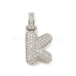 Brass Micro Pave Clear Cubic Zirconia Pendants, Platinum, Letter K, 31x16x5mm, Hole: 3x6mm(KK-B099-01P-K)