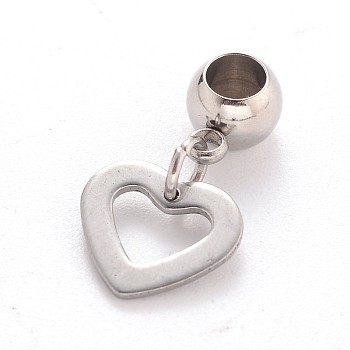 Heart 304 Stainless Steel European Large Hole Dangle Charms, Stainless Steel Color, 21mm, Hole: 4mm
