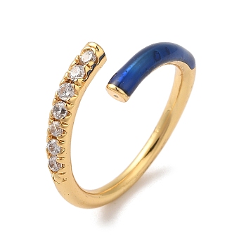 Rack Plating Brass Cubic Zirconia Open Cuff Rings for Women, with Enamel, Cadmium Free & Lead Free, Blue, Inner Diameter: 17mm