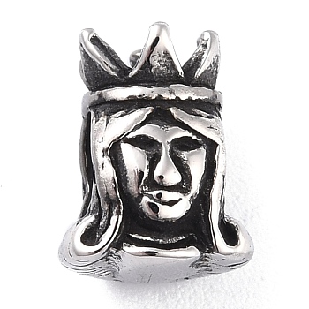 304 Stainless Steel European Beads, Large Hole Beads, Tibetan Style, Queen Portait, Antique Silver, 12x9x8.5mm, Hole: 4.5x5mm