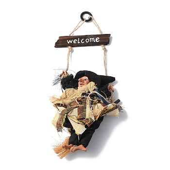 Halloween Flying Witch Cloth Hanging Decorations, with Wood Welcome Sign, for Ghost Festival Bar Decoration, Black, 312x130x33mm, Hole: 15mm
