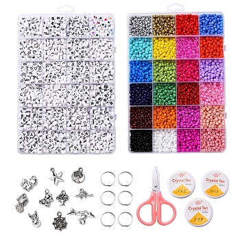 DIY Bracelet Jewelry Making Kits, Including Glass Seed Beads, Acrylic Beads, Stainless Steel Scissors & Tweezers & Jump Ring, PVC Zip Lock Bag, Alloy Pendants, Elastic Crystal Thread, Mixed Color, Glass Seed Beads: 2880pcs