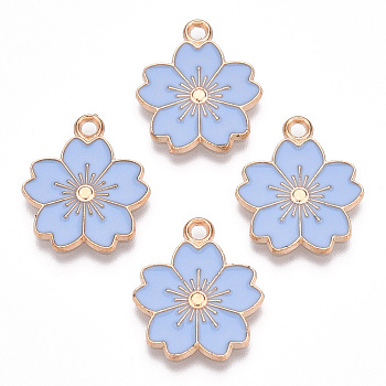 Alloy Enamel Pendants, Sakura Flower, Light Gold, Light Sky Blue, 20.5x17.5x1.5mm, Hole: 2mm
