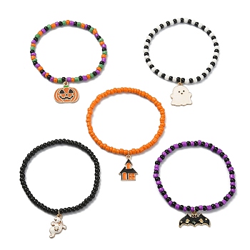 5Pcs 5 Style Glass Seed Beaded Stretch Bracelets Set, Pumpkin & Bat & Ghost Alloy Enamel Charms Stackable Bracelets for Halloween, Mixed Color, Inner Diameter: 2-1/4 inch(5.7cm), 1Pc/style