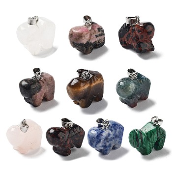 Natural & Synthetic Mixed Gemstone Pendants, Buffalo Charms with Platinum Plated Metal Snap on Bails, Mixed Dyed and Undyed, 19.5x22x10mm, Hole: 3.5x5.5mm