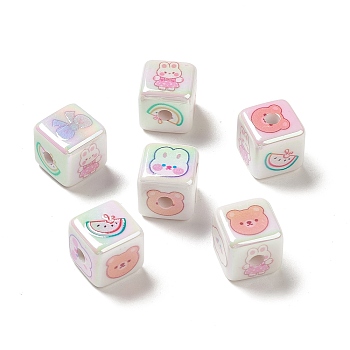 UV Plating Opaque Acrylic Beads, Cube with Rabbit/Bear/Bowknot/Watermelon Pattern, White, 14.5x14.5x14.5mm, Hole: 3.7mm