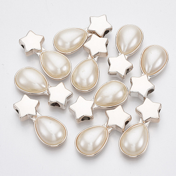 UV Plating ABS Plastic Pendants, with ABS Plastic Imitation Pearl Cabochons, Light Gold, Star with Teardrop, Creamy White, 33x15x8mm, Hole: 5mm