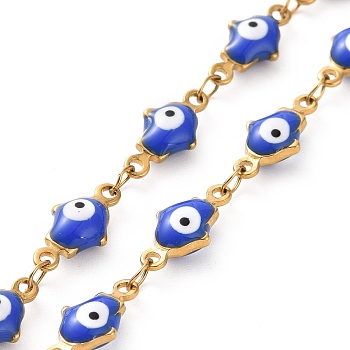 Enamel Hamsa Hand with Evil Eye Link Chains, with Ion Plating(IP) 304 Stainless Steel Findings, Golden, Unwelded, with Spool, Royal Blue, 11.5x5.5x3.5mm