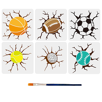 US 1 Set PET Hollow Out Drawing Painting Stencils, for DIY Scrapbook, Photo Album, with 1Pc Art Paint Brushes, Sports Themed Pattern, 300x300mm, 1pc/style