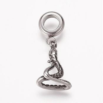 304 Stainless Steel European Dangle Charms, Large Hole Pendants, Antique Silver, Chinese Zodiac, Snake, 27mm, Hole: 5mm, Pendant: 17x11x6mm