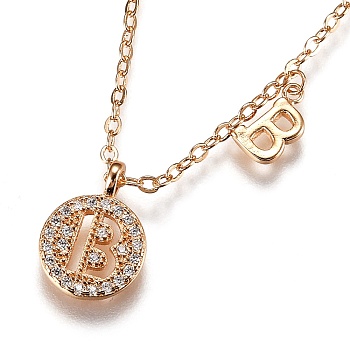 Brass Micro Pave Clear Cubic Zirconia Double Letter Pendant Necklaces, with Cable Chains, Letter.B, 14-3/4 inch(37.6cm)