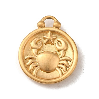 304 Stainless Steel Pendants, Flat Round with Constellations Charm, Matte Gold Color, Cancer, 20.5x17x3mm, Hole: 2.5x2mm