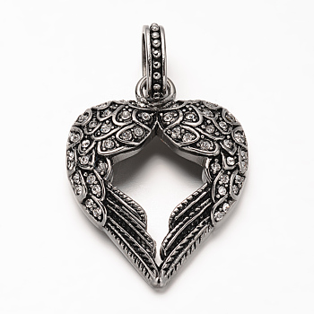 Antique Silver Plated 304 Stainless Steel Rhinestone Pendants, Heart with WingCrystal, 39.5x31x7mm, Hole: 6.5x10mm