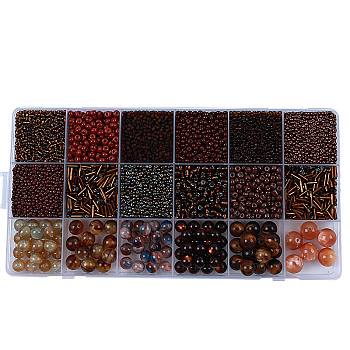 DIY 18 Style Resin & Acrylic Beads Jewelry Making Finding Kit, Round & Rice & Tube, Coconut Brown, 6.5~7x2~12x1.5~11.5mm, Hole: 0.7~2mm