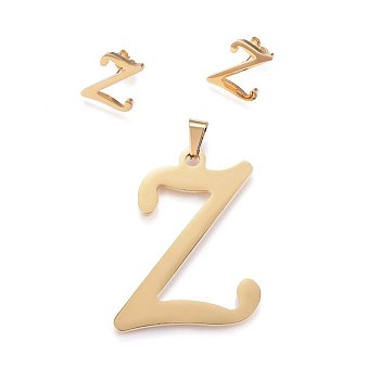 304 Stainless Steel Pendants and Stud Earrings Jewelry Sets, Alphabet, Letter.Z, 48x38x1.7mm, Hole: 9x4.5mm, 17x14x1.5mm, Pin: 0.8mm