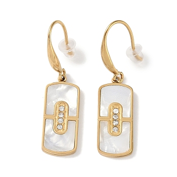 Rectangle 304 Stainless Steel Rhinestone Dangle Earrings, Shell Earrings for Women, Real 18K Gold Plated, 40.5x10mm