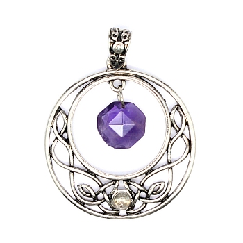 Natural Amethyst Faceted Hexagon Pendants, Metal Hollow Viking Knot Charms, 44x40mm