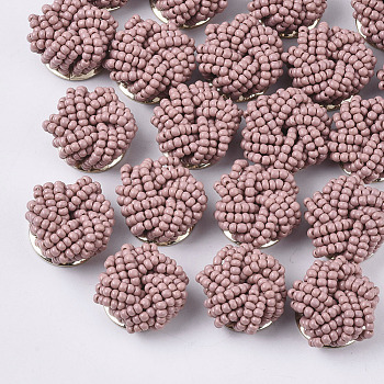 Glass Seed Beads Cabochons, Cluster Beads, with Golden Plated Iron Perforated Disc Settings, Flower, Rosy Brown, 19~20x10~12mm