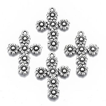 Tibetan Style Alloy Pendants, Cross with Flower, Cadmium Free & Lead Free, Antique Silver, 37x26x2mm, Hole: 1.8mm