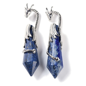 Dyed Natural Lapis Lazuli Faceted Pointed Bullet Big Pendants, Rack Plating Brass Dragon Charms, Lead Free & Cadmium Free, Platinum, 73.5~78.5x15.5~16.5x15.5~16.5mm, Hole: 4x2.5mm