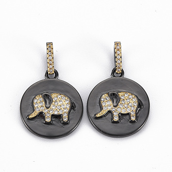 Brass Micro Pave Clear Cubic Zirconia Pendants, Nickel Free, Real 16K Gold Plated, Flat Round with Elephant, Gunmetal, 20x17x3mm, Hole: 3x6mm