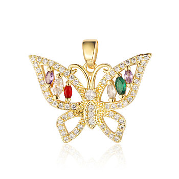 Brass Micro Pave Cubic Zirconia Pendants, Butterfly Charms, Real 18K Gold Plated, 29x21x3.3mm