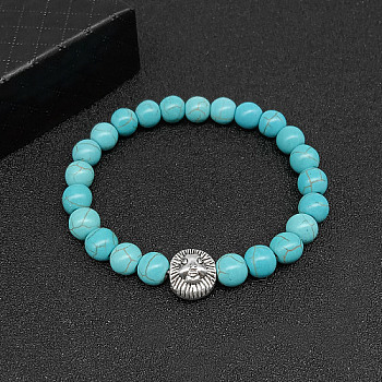 Synthetic Turquoise Stretch Bracelets for Women Men, with Tibetan Style Animals Alloy Beads, Lion, No Size